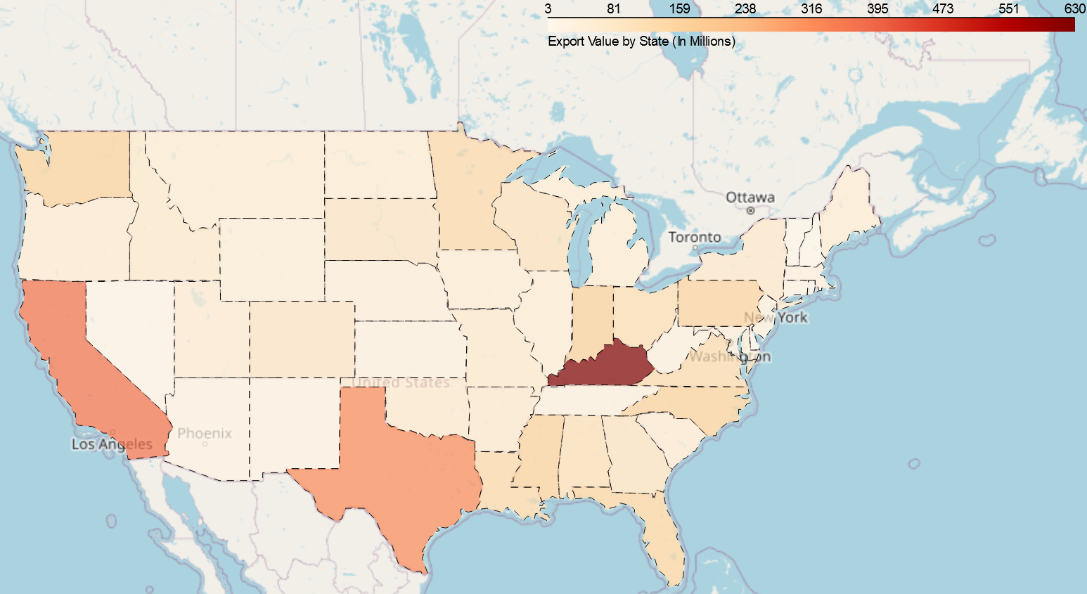 Choropleth map showing U.S. export value by state for 'Other Livestock' in 2023. States like Kentucky, Texas, and California show higher values, shaded darker red.