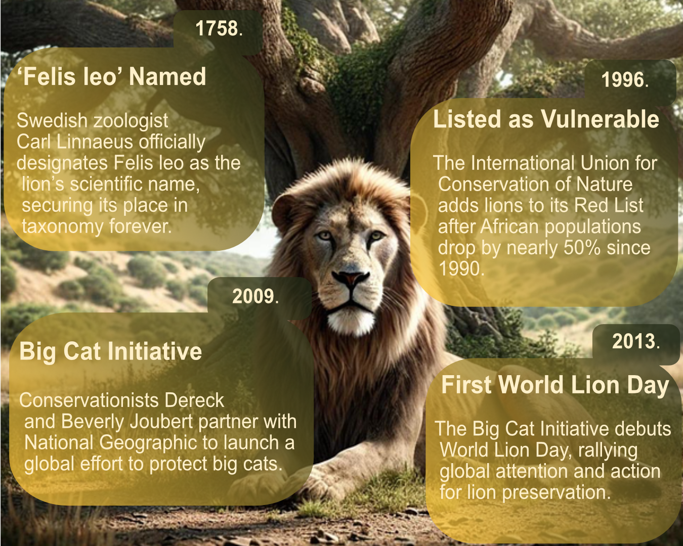 Timeline showing 1758 naming of Felis leo, 1996 IUCN Vulnerable listing, 2009 Big Cat Initiative launch, and 2013 first World Lion Day.