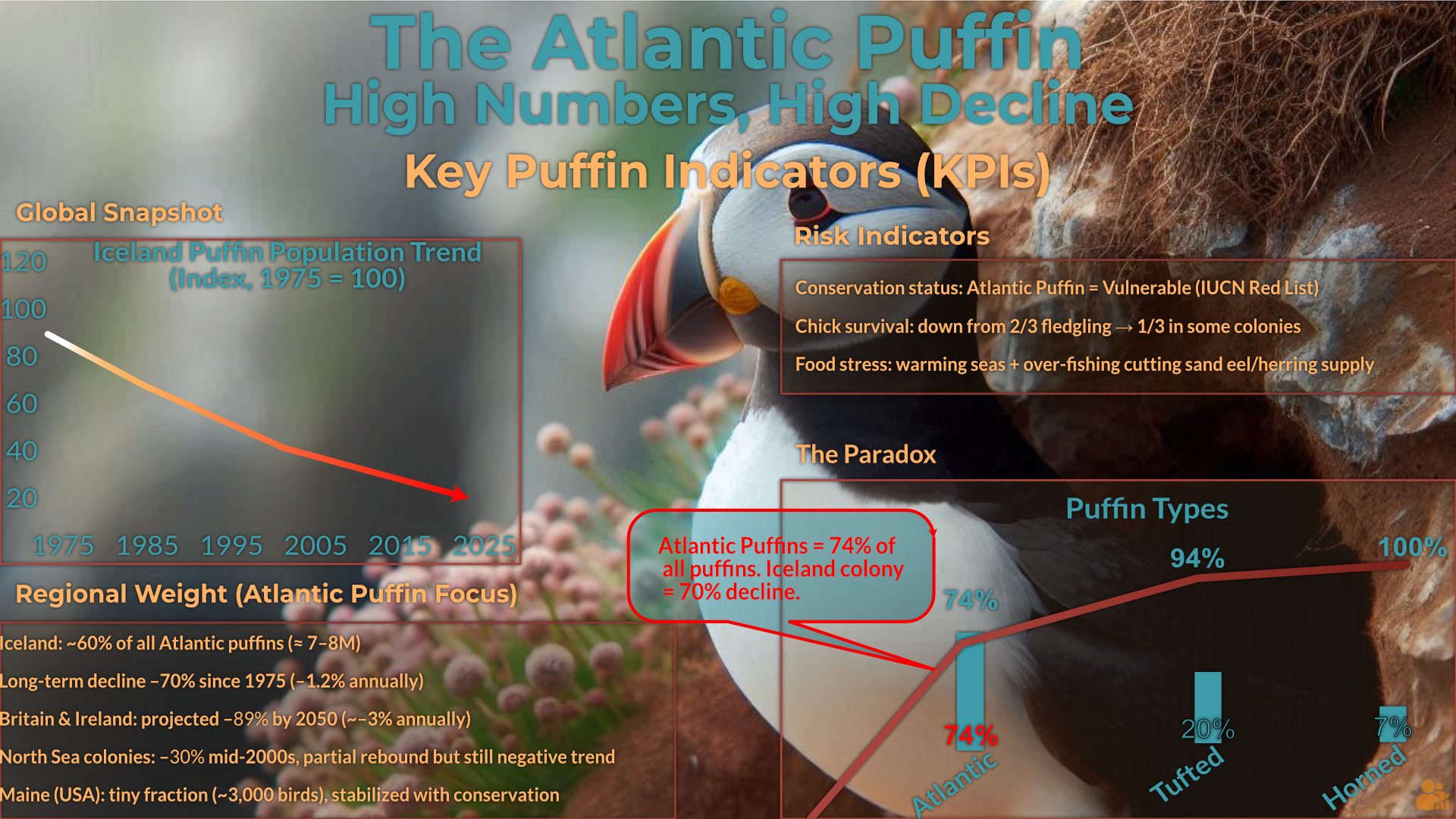Chart illustrating the decline of the Atlantic Puffin population. Key indicators include conservation status, chick survival, food stress, and regional weight with a focus on Iceland, Britain, and Maine.